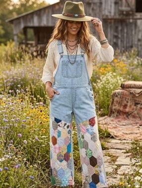 Upcycled Boho Patchwork Overalls Size 10